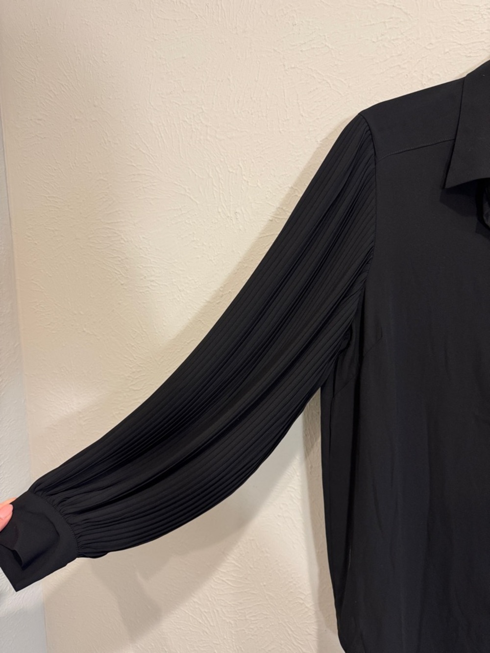 Tahari Black Pleated Sleeve Button-Down Blouse - Picture 3 of 7